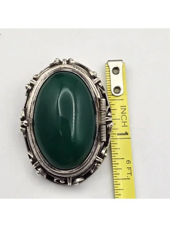Vintage Taxco Sterling Silver Green Onyx Locket Brooch Mexico Eagle Mark 1 - Picture 9 of 13
